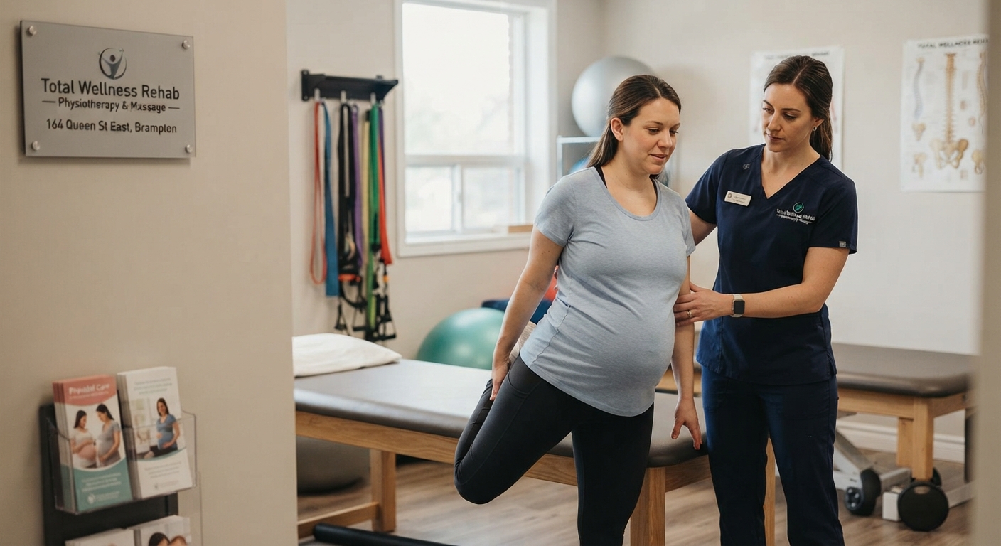 Pregnant patient receiving safe physiotherapy guidance in Brampton
