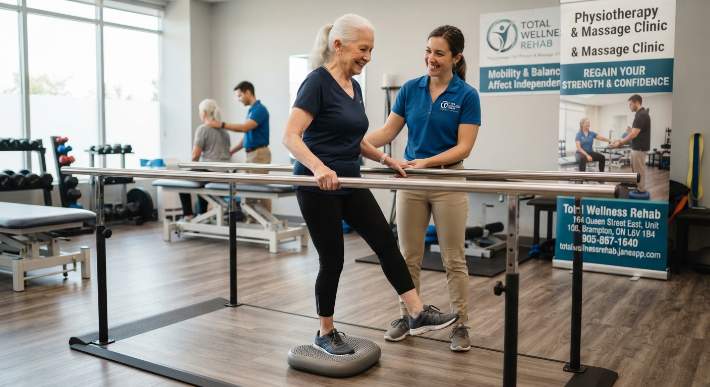 Physiotherapist helping a patient with balance and mobility exercises in Brampton