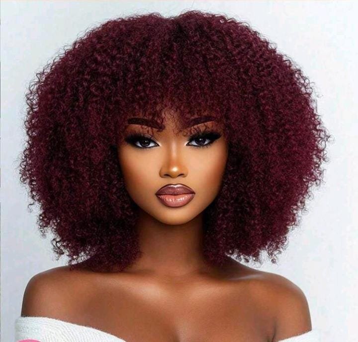 Perruque Afro Kinky Curly Bob Brun Foncé avec Frange, image 2