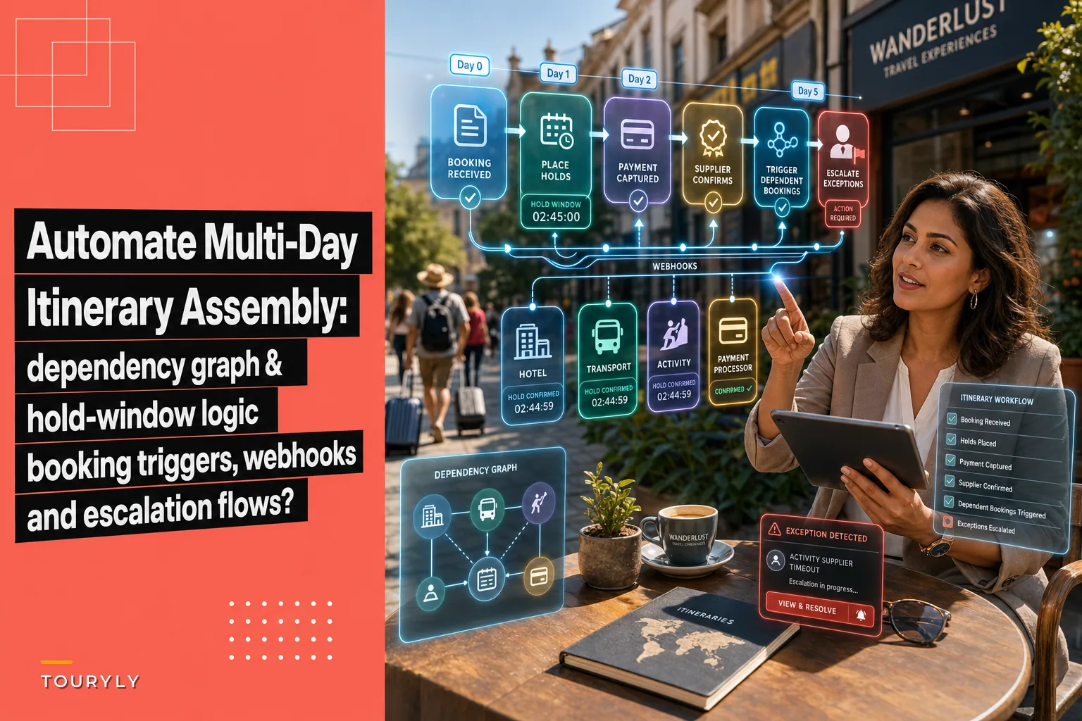 Automate multi-day itinerary assembly with supplier dependency rules and hold windows
