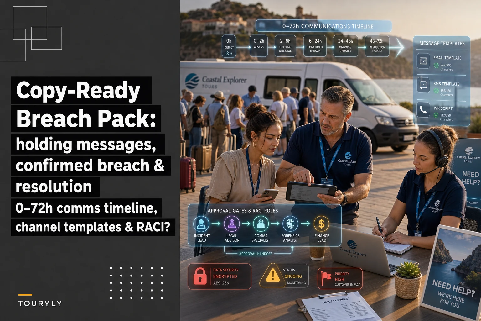 Copy-ready breach-notification & customer FAQ pack for tour operators (holding messages, confirmed-breach, resolution, 0–72h comms timeline and RACI)