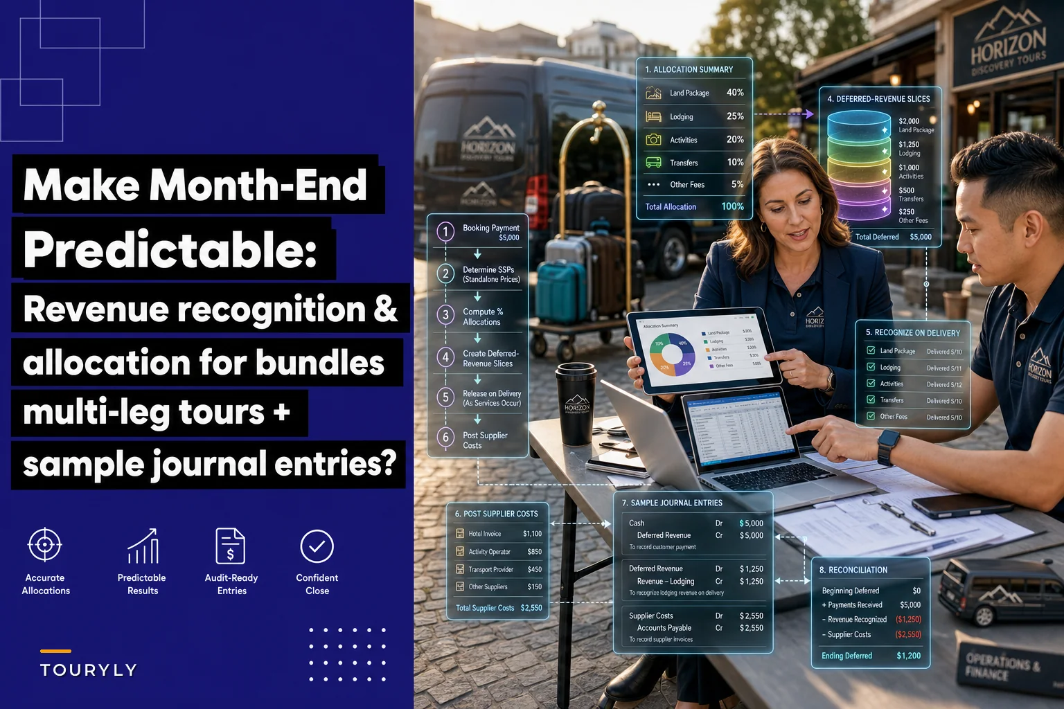 Make month‑end predictable: revenue‑recognition and allocation methods for multi‑leg and bundled tours (with sample journal entries)