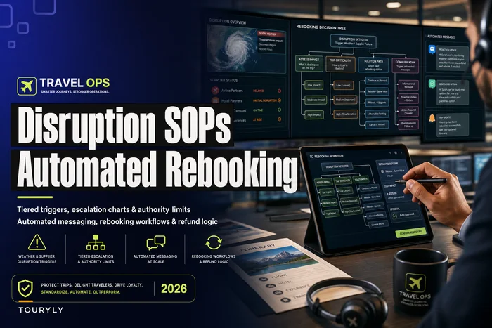 Tiered disruption SOPs for weather and supplier failure: automated messaging and rebooking decision trees