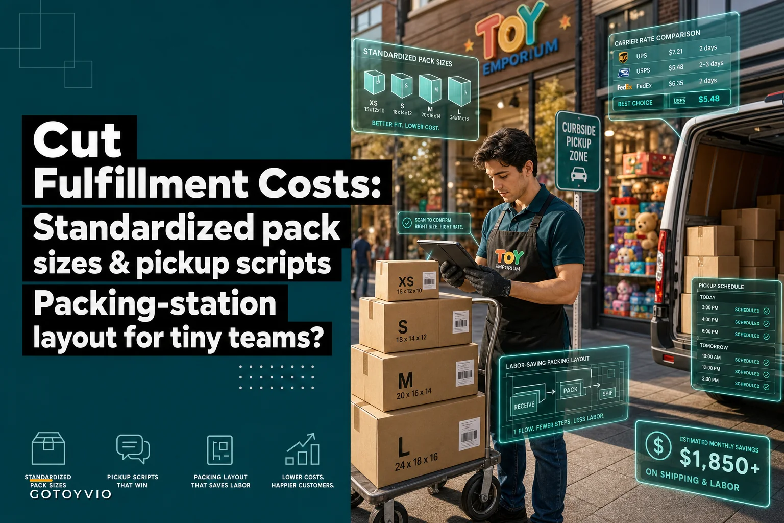 Cut fulfillment costs: standardized pack sizes, carrier negotiation scripts and a packing-station layout for small toy stores