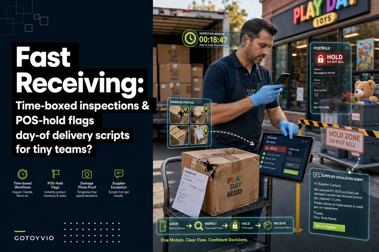Fast receiving and QC SOP for tiny teams: time-boxed inspection, POS hold flags and supplier escalation scripts