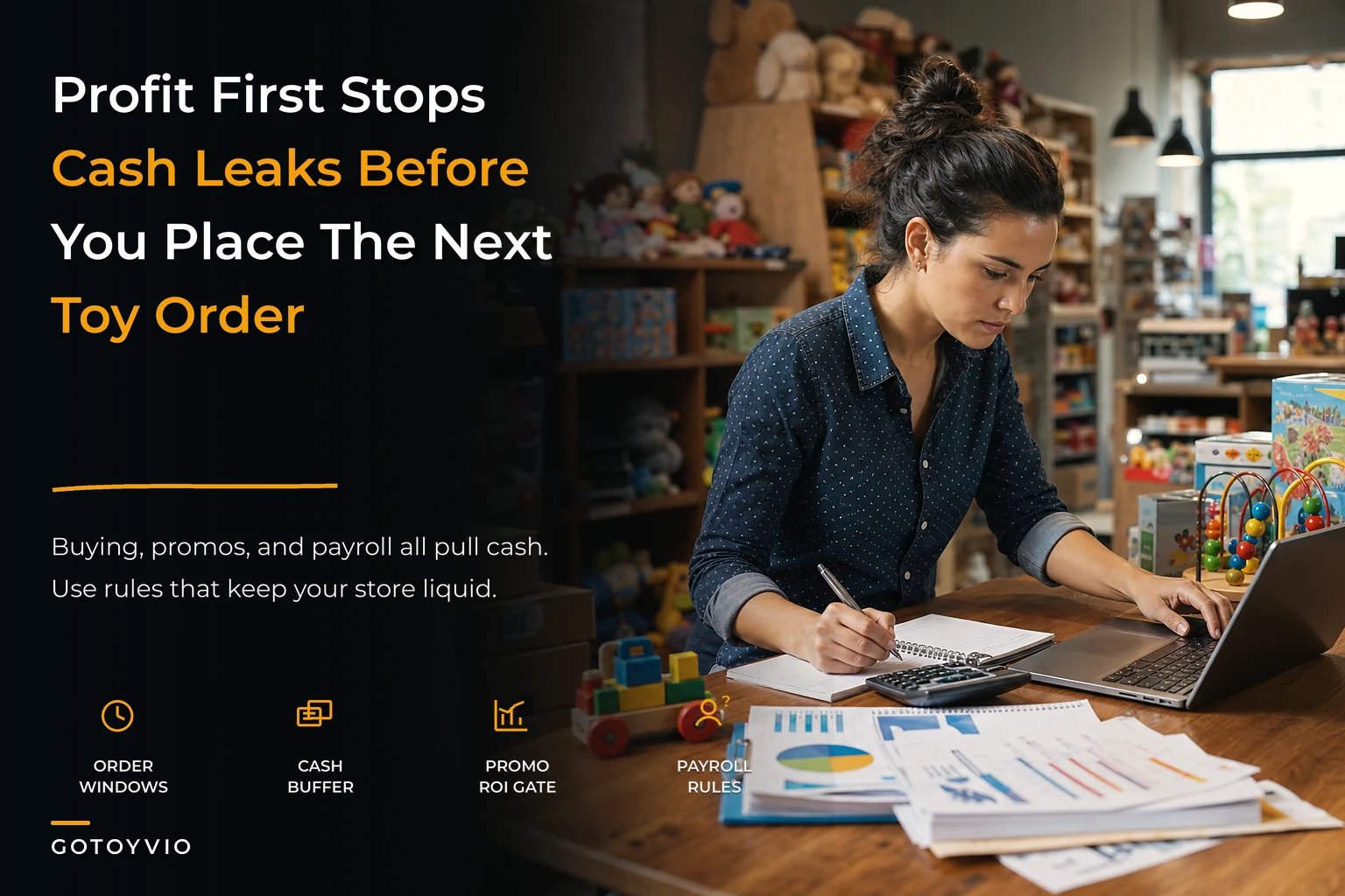 Profit-first cashflow playbook for independent toy stores: ordering windows, promo ROI gates and payroll rules