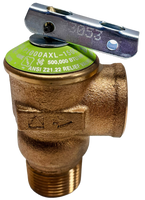 Pressure relief valve for water heating storage tanks to prevent over-temperature or excessive pressure, cast brass, 150 psi, CSA, 200,000, ASME 500,000