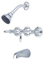 Tub/Shower, three lever handles, showerhead, arm and flange, ceramic stems, 1/2ip spout (Central Brass)