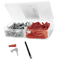 Anchor screw kit, Hex/Phillips/Slot head sheet metal screw #10 x 1, plastic anchor tapered. 100 screws, 100 anchors, 1 carbide masonry drill bit