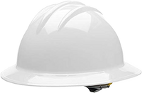 Hard hat, white, full-brim, high density polyethylene, six point ratchet suspension