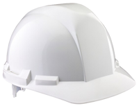 Hard hat, white, ratchet style, flat front