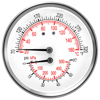 Pressure/tempurature boiler gauge, 2 3/4 diameter, 0-75 psi, 60-320 degrees F, 1/4mip, 3 1/2 back mount