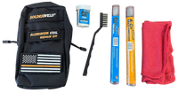 Aluminum coil repair tech kit, lightweight, strap can attach to belt or bag, black bag. Includes: rag, alloy sol, flux, braze and wire brush