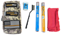 Aluminum coil repair tech kit, lightweight, strap can attach to belt or bag, camco bag. Includes: rag, alloy sol, flux, braze and wire brush