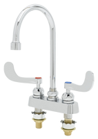 T & S deck mount faucet, 4" cc, wrist blade handles, gooseneck spout, ceramic cartridges