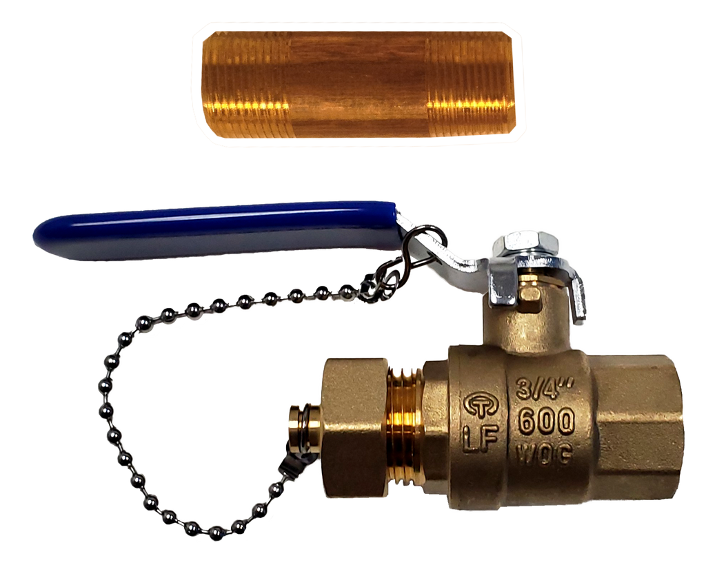 Full port ball valve 3/4ip x 3/4male hose thread w/cap & chain w/3 brass nipple (BAGGED)