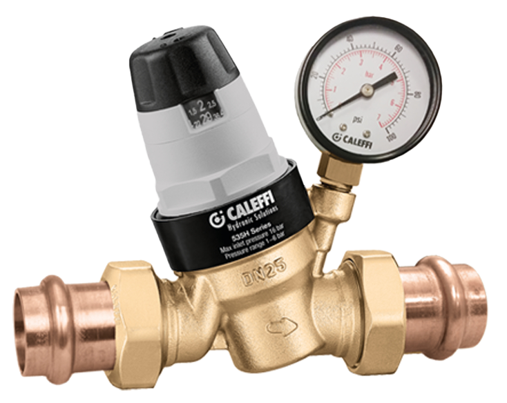 Pressure reducing valve 3/4press w/double unions, w/adjustable dial and pressure gauge (Caleffi)