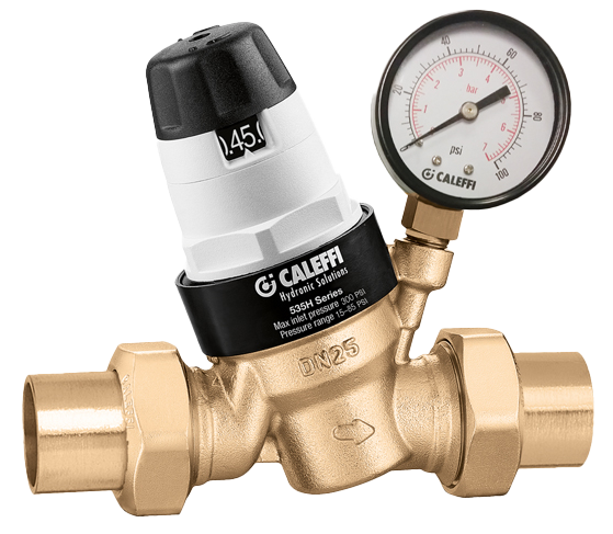 Pressure reducing valve 3/4c w/double unions, w/adjustable dial and pressure gauge (Caleffi)