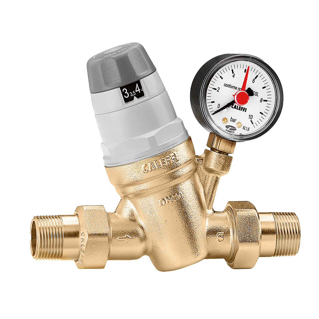 Pressure reducing valve 3/4ip w/double unions, w/adjustable dial and pressure gauge (Caleffi)
