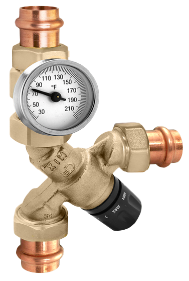 Mixing valve, press, angle, w/temperature gauge, 3/4