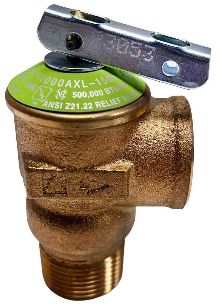 Pressure relief valve for water heating storage tanks to prevent over-temperature or excessive pressure, cast brass, 150 psi, CSA, 200,000, ASME 500,000