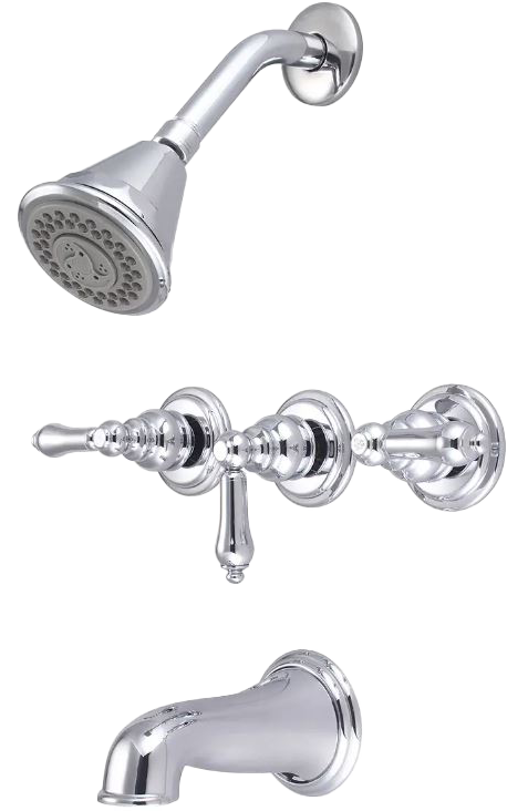 Tub/Shower, three lever handles, showerhead, arm and flange, ceramic stems, 1/2ip spout (Central Brass)