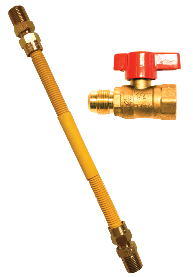 SS gas connector yellow coated 3/8id 1/2mip x 1/2mip x 12 w/gas ball valve
