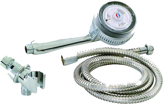 Personal shower kit, 3 way pulsating adjustable head, 59 hose, and bracket for mounting on the shower arm. Chrome