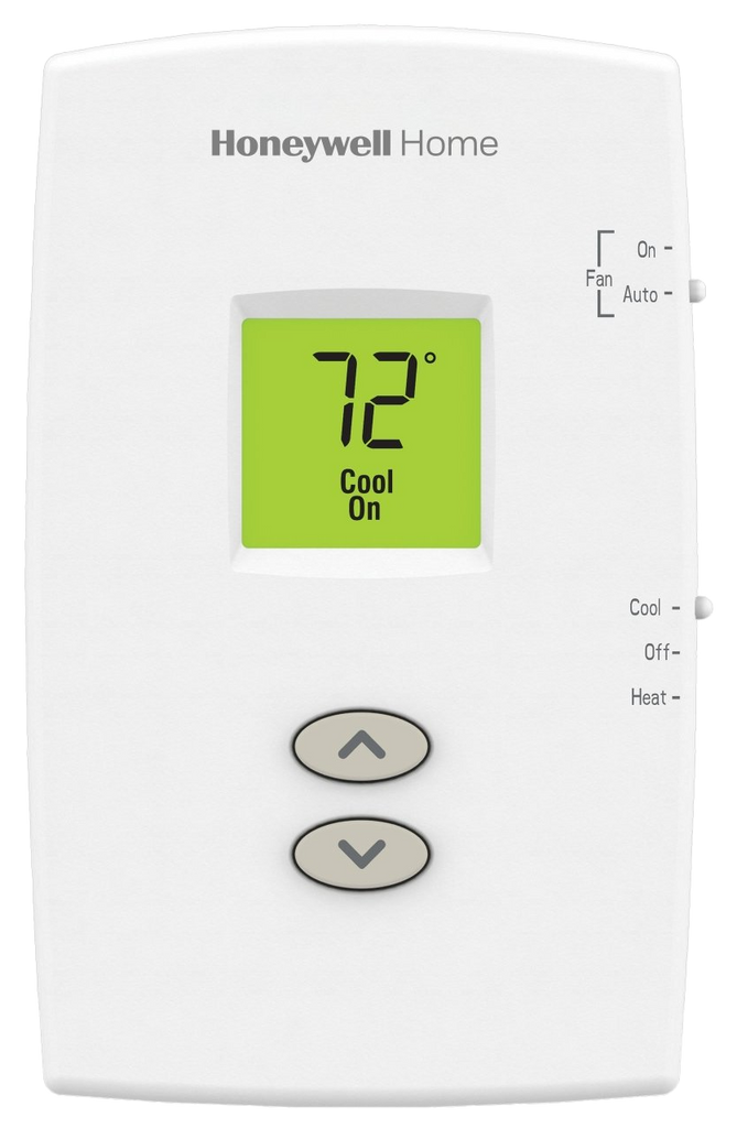 Thermostat, non-programable, 1H/1C, vertical, traditional, easy to use, backlit digital display, reliable basic operation with slide switch for heat/cool/fan.