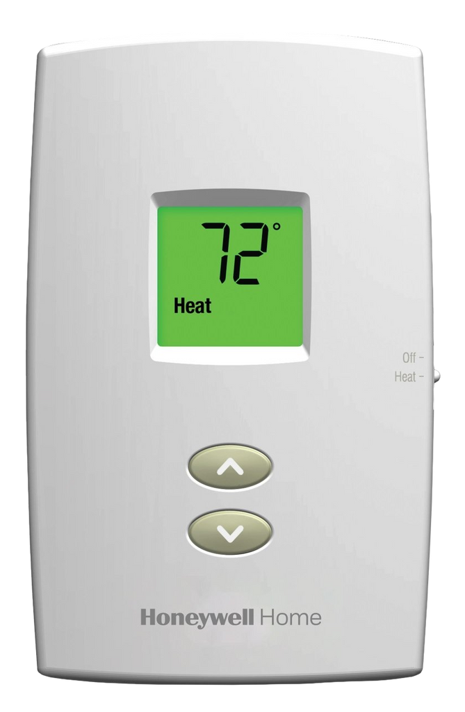 Thermostat, non-programable, heat only, vertical, traditional, easy to use, backlit digital display, reliable basic operation with slide switch for on/off