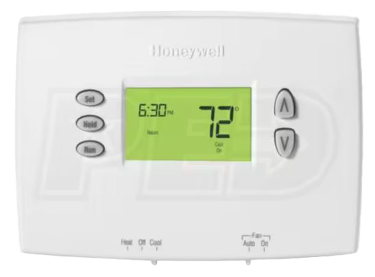 Thermostat, programable, 2H/1C heat pump, 1H/1C conventional, LED Back Light, push-button programmable