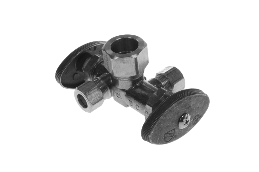 Ball valve supply stop dual handle/dual outlet 1/2nom x 3/8comp x 1/4comp TPC