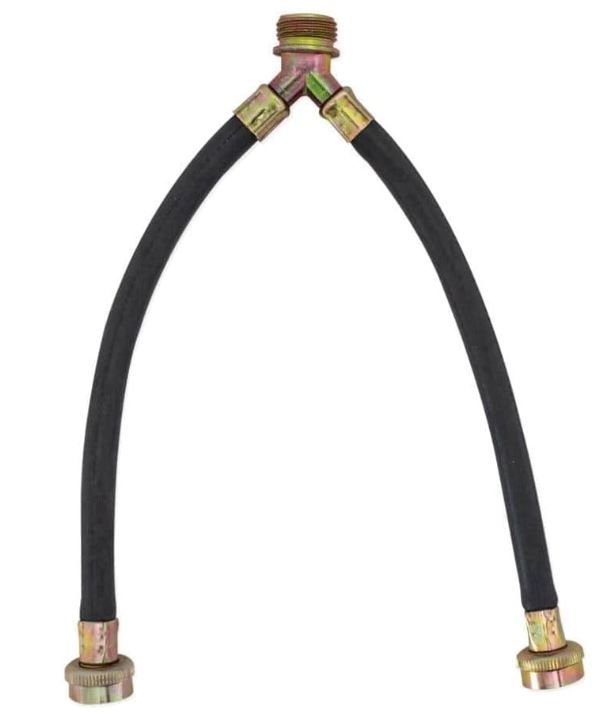 Rubber washing machine mixer hose with brass ends, 2 female hose threads x 1 male hose thread