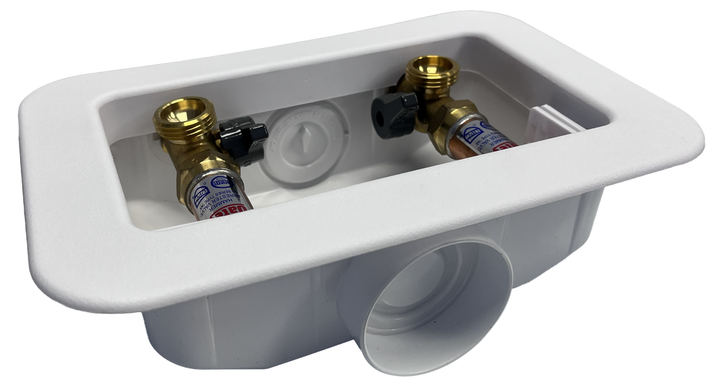 Washing machine box, center outlet, w/1/4 turn stops, w/hammer arresters for Wirsbo connections
