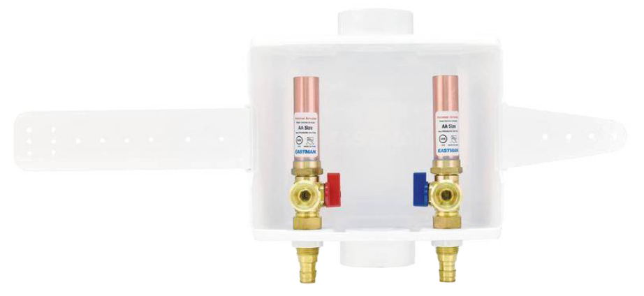 Washing machine box, dual drain outlet, 1/2 expansion pex connection, 3/4mht outlet, w/hammer arrestors, white
