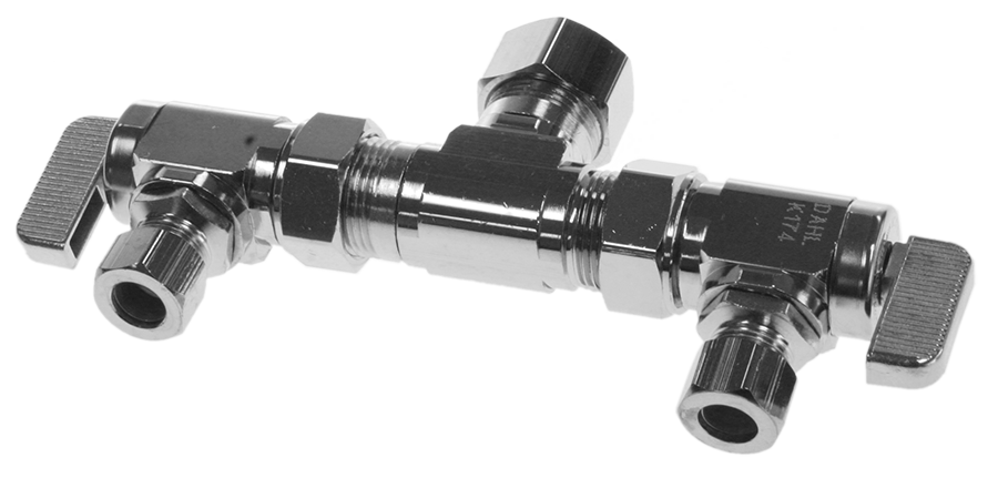 Ball valve supply stop dual handle/dual outlet 5/8nom x 3/8comp x 3/8comp Dahl