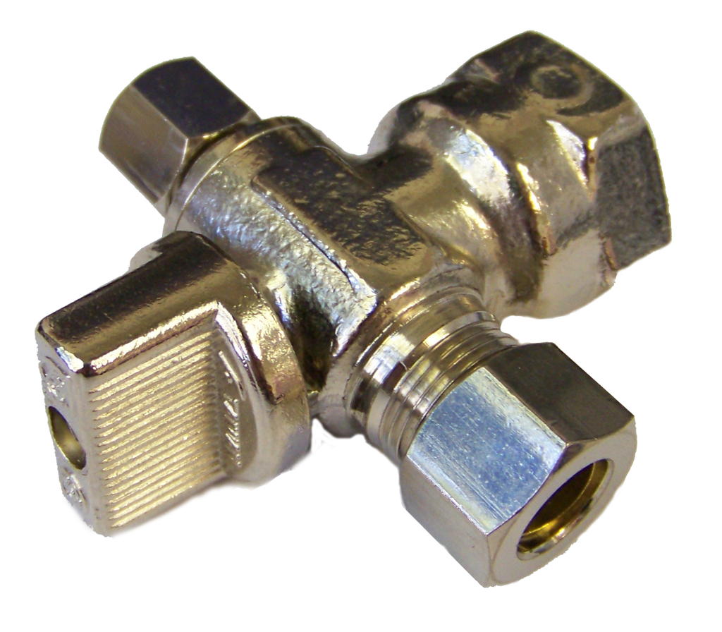 Ball valve supply stop dual outlet 1/2fip x 3/8comp x 3/8comp TPC