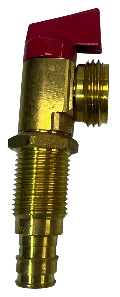 Ball valve washer stop 1/2 PexA red handle, long shank, for washer box rough brass
