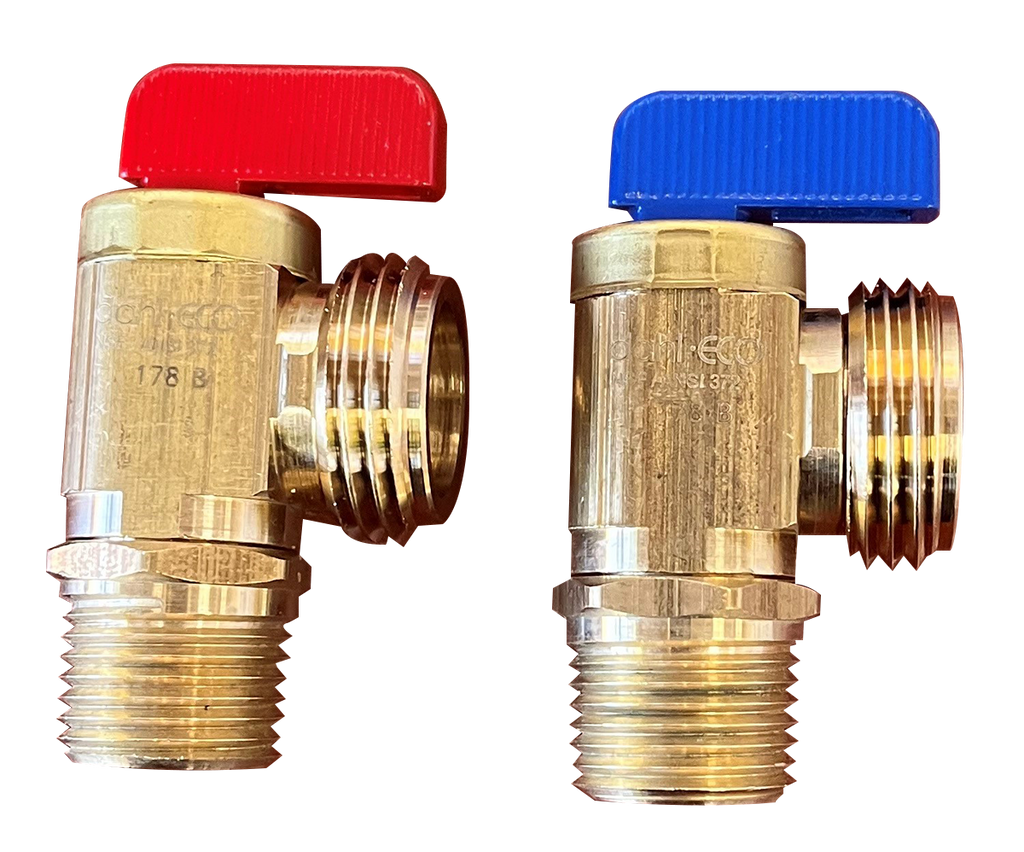 Ball valve washer stops 1/2mip x 3/4mht, blue & red handle, compact (2 pack) Dahl
