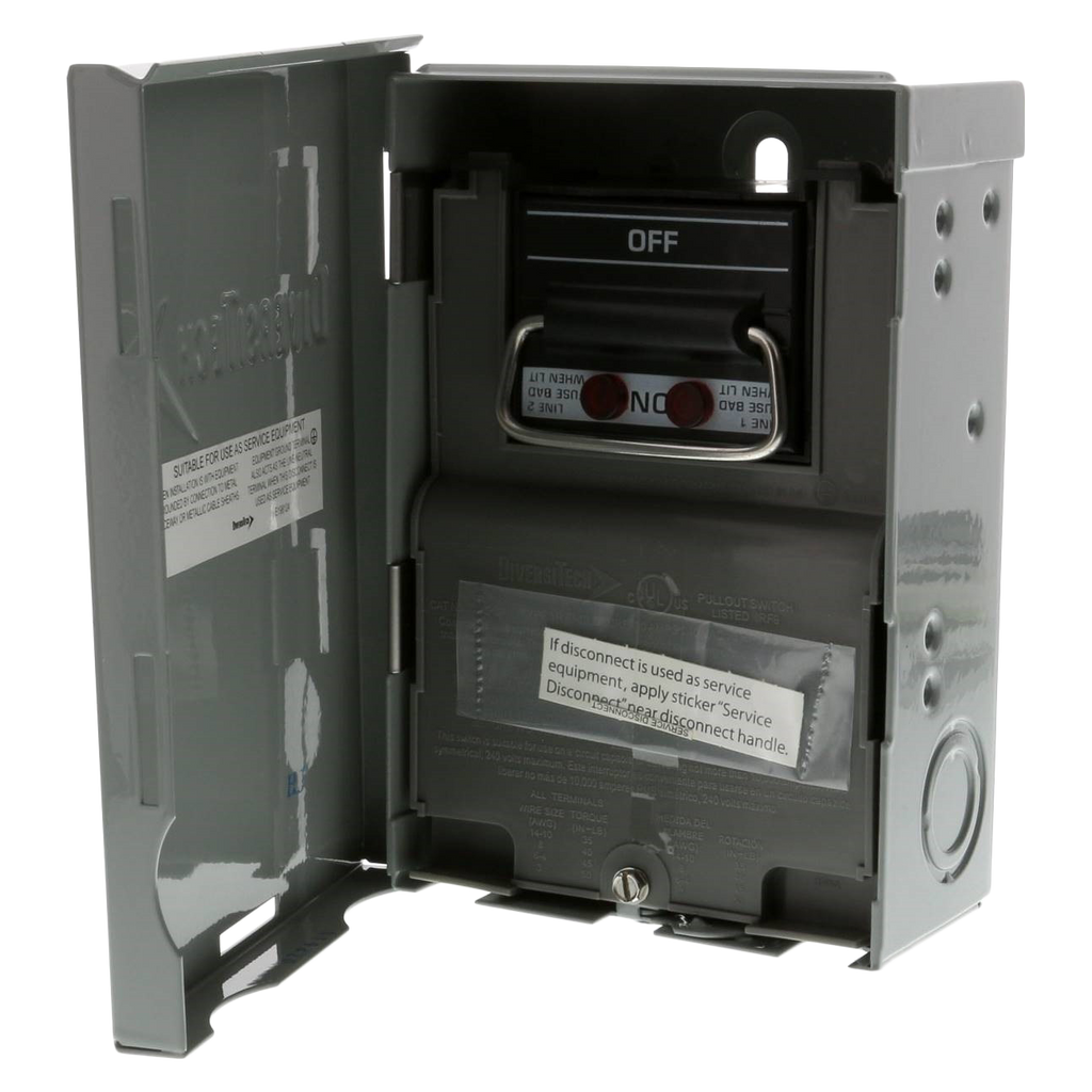 Disconnect, metal case, fusible, blown fuse indicator lights, reversible door, 60 amp
