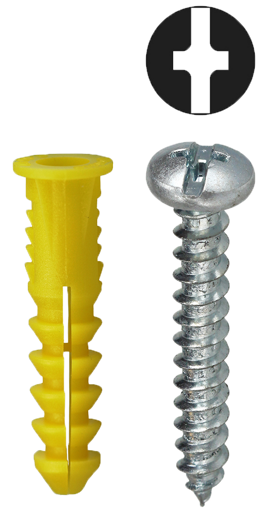 Anchor screw kit, Phillips/Slot pan head sheet metal screw #10 x 1, plastic anchor tapered w/wings.  100 screws, 100 anchors, 1 carbide masonry drill bit
