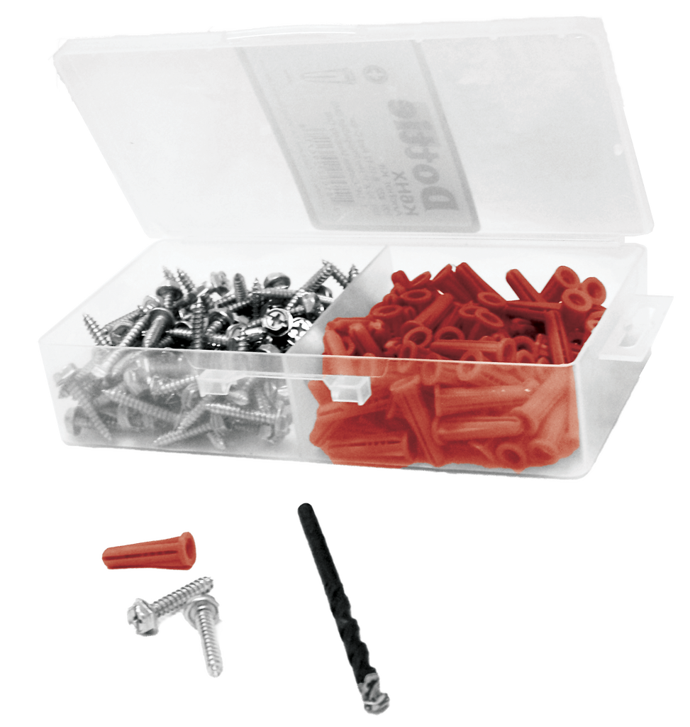 Anchor screw kit, Hex/Phillips/Slot head sheet metal screw #10 x 1, plastic anchor tapered. 100 screws, 100 anchors, 1 carbide masonry drill bit