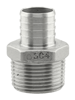 Pex B fitting, stainless steel, pex x MIP adapter, 1/2 x 3/4