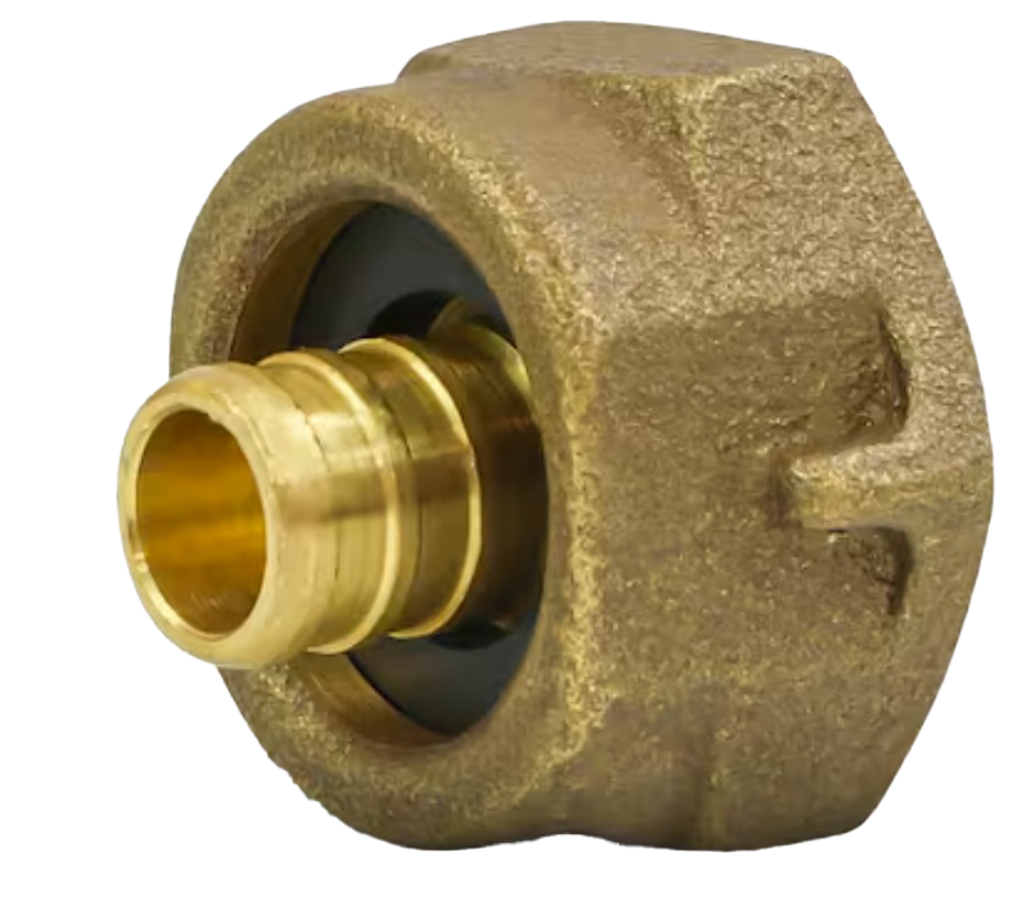 Water meter coupling, brass, 3/4 pex B x 1 fip, w/washer