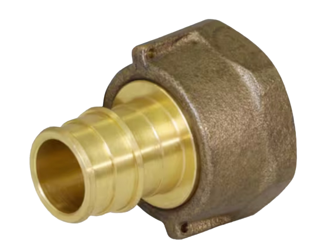 Water meter coupling, brass, 3/4 pex A x 1 fip, w/washer