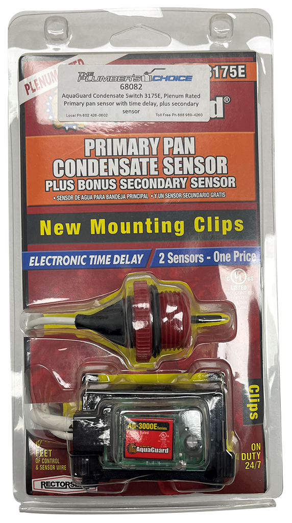 AquaGuard condensate switch 3175E, plenum rated primary pan sensor with time delay, plus secondary sensor