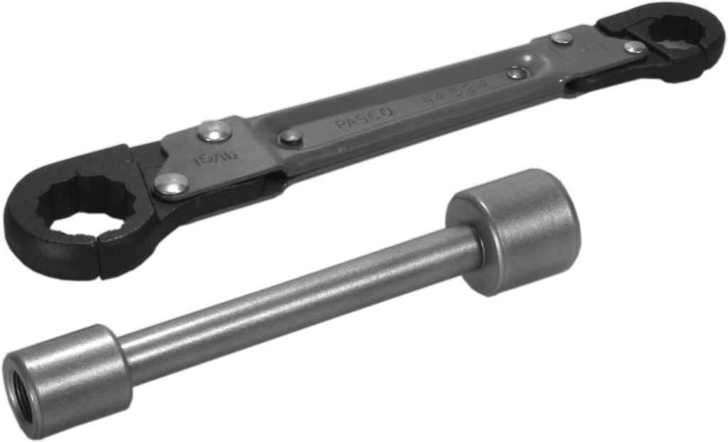 Wrench kits for supply stops, Kwik Tite wrench (one side opens for angle stops and the other opens to 3/8 outlet nut, 9 length) and angle-on wrench (fits 3/8 or 1/2 MPT compression threads or angle stops, 6 length)