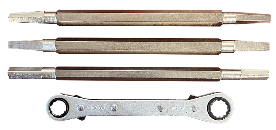 Seat removal tool set, ratch wrench and 3 straight removal tools, handy clear poly storage tube
