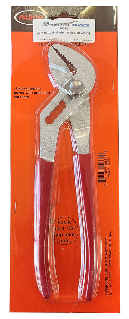 Quick set plier, fit 1-1/2 slip joint nuts, vinyl grip handles, 10' (4063)