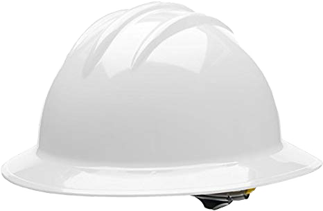 Hard hat, gray, full-brim, high density polyethylene, four point ratchet suspension, vented